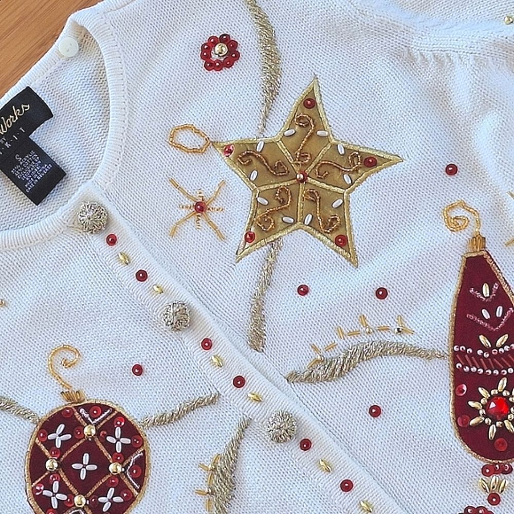 Vintage 90's KIKIT Christmas Sweater Cream Embellished Ornaments Cardigan size S - Picture 2 of 16